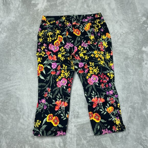 Susan Graver Black Floral Capri Pants Women’s Size 16 Stretchy a1549 - Picture 9 of 10